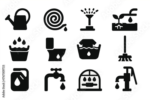 Rainwater Usage Icons. Solid style icons of Rainwater Use: watering can, garden hose, sprinkler, drip irrigation, wash bucket,