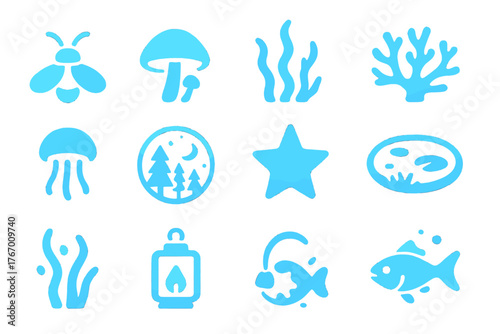 Bioluminescent Nature Icons. Solid style icons of Glowing Nature: Firefly, Mushroom, Algae, Coral, Jellyfish, Lagoon, Night Forest