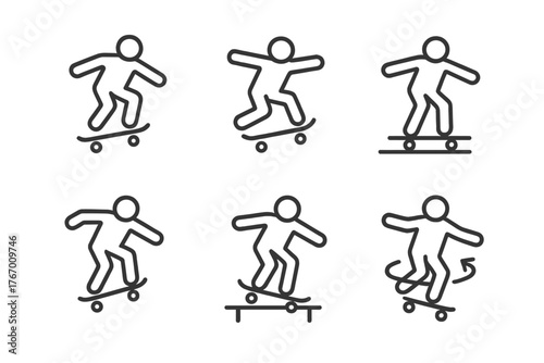 Skateboarding Tricks Icons. Line style icons of skateboarding tricks: ollie, kickflip, grind, manual, boardslide, 360 spin. No