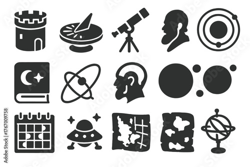 Astronomy Timeline Icons. Solid style icons of Astronomical timeline and history: ancient observatory, sun dial, Galileo telescope
