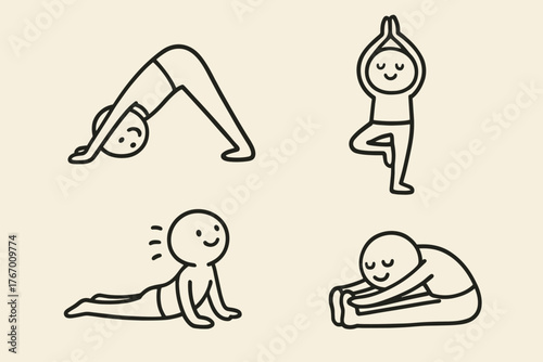 Playful Yoga Doodles. Adorable series of yoga poses illustrated with tiny doodle faces and playful movements