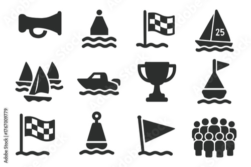 Sailing Regatta Icons. Solid style icons of Regattas and sailing events: starting horn, race buoy, finish flag, sail number, fleet