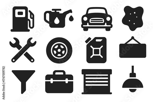 Retro Mechanic Icons. Solid style icons of Retro Mechanic Shop: Petrol Pump, Oil Can, Classic Car, Rag, Wrench, Tire, Gas Can,