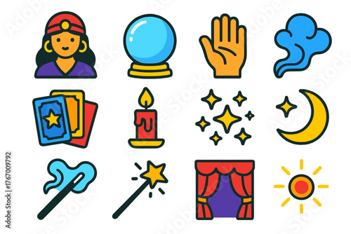 Mystical Icon Set. Flat vector icons of Fortune Telling Scene: fortune teller, crystal ball, hand, mist, tarot deck, candle, stars