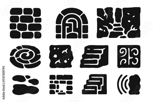 Stone Labyrinth Icons. Solid style icons of Stone Labyrinth: stacked stone wall, maze archway, rocky corridor, mossy corner,