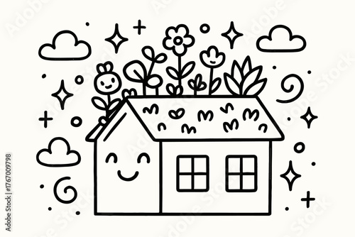 Smiling Rooftop Garden. Whimsical doodle vector illustration of a smiling rooftop garden filled with tiny happy plants, surrounded