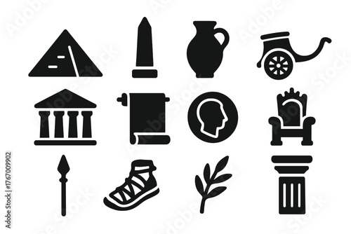 Ancient Civilization Icons. Solid style icons of Ancient Civilization: Pyramid, Obelisk, Clay Pot, Chariot, Temple, Scroll, Coin,
