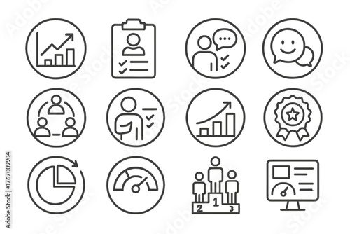 Performance Evaluation Icons. Line style round icons of performance evaluation: KPI graph, review sheet, feedback icon, 360 review