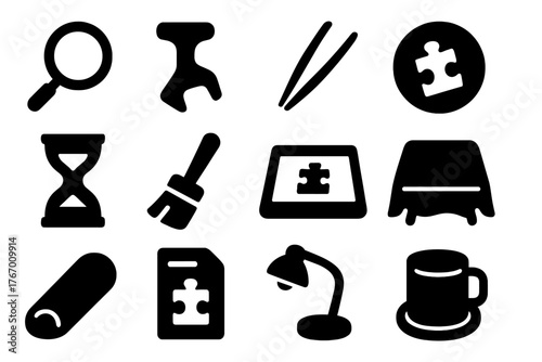 Puzzle Accessory Icons. Solid style icons of Puzzle Accessories: magnifying glass, piece separator, tweezers, sorting bowl, timer,
