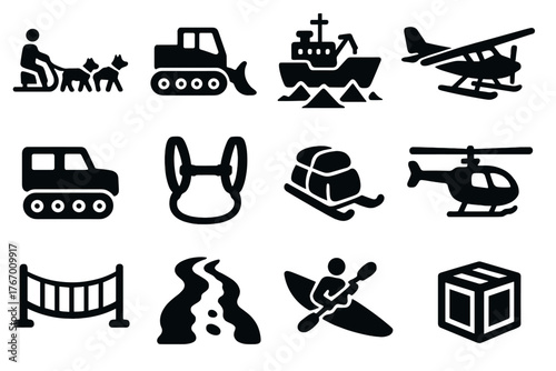 Arctic Transport Icons. Solid style icons of Arctic transportation: dog sled, snowcat, icebreaker ship, ski plane, tracked vehicle