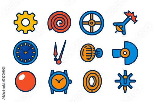 Minimalist Watch Icons. Flat vector icons of Modern Mechanical Watches: gear, spring, balance wheel, escapement, dial, hands,