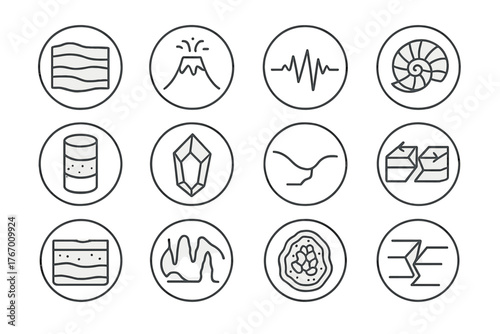 Geology Line Icons. Line style round icons of geology and earth science: rock layer, volcano cone, earthquake icon, fossil shell;