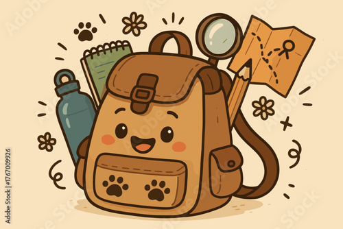 Explorer's Playful Backpack. Happy explorer’s backpack with paw prints and doodle tools spilling out