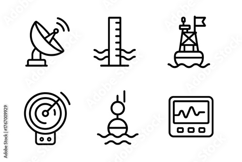 Ocean Monitoring Icons. Line style icons of ocean monitoring: satellite dish, tide gauge, weather buoy, drifting buoy, radar, data
