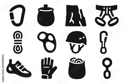Rock Climbing Essentials Icons. Solid style icons of Rock climbing essentials: carabiner, chalk bag, cliff face, harness, climbing