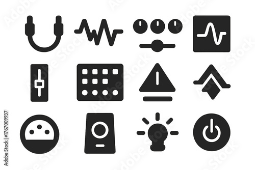 Modular Audio Icons. Solid style icons of Modular Audio Setup: Patch Cables, Waveform, Knobs, Oscillator, Slider, Sequencer,