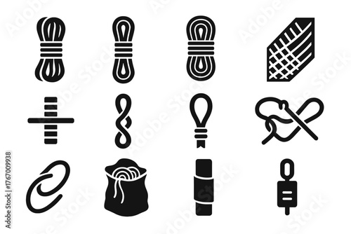 Climbing Rope Icons. Solid style icons of Climbing rope types and features: dynamic rope, static rope, coiled rope, rope sheath,