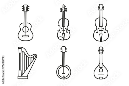 String Instrument Icons. Line style icons of string instruments: guitar, violin, cello, harp, banjo, mandolin. No text, No labels,