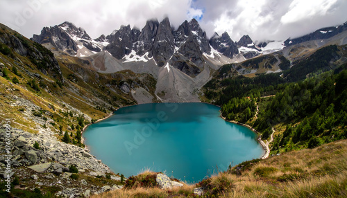 Serene Turquoise Mountain Lake Surrounded by Rugged Peaks and Lush Greenery
