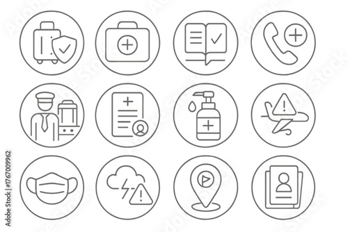 Travel Safety Icons. Line style round icons of travel safety and health: travel insurance, medical kit, safety guide, emergency