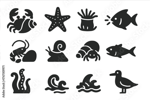 Tide Pool Life. Solid style icons of Tide Pool Interaction: crab holding shell, starfish moving, anemone closing, fish darting,