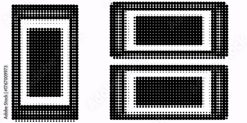 Black halftone rectangle frame set. Dotted gradient border collection. Pop art comic dots picture holder design for banner template, copy space, emblem, poster. Vector rasterized framing element back
