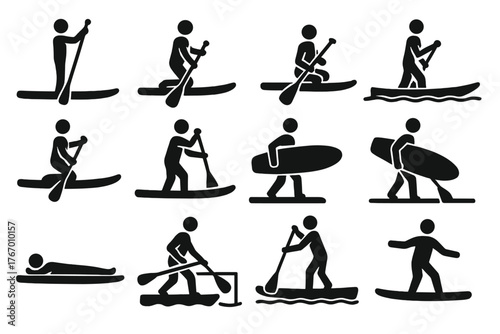 Paddleboarding Icon Set. Solid style icons of Paddleboarding positions and actions: standing pose, kneeling stance, sitting paddle