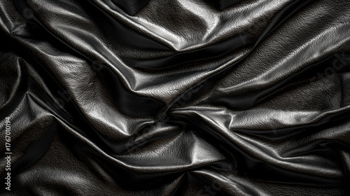 Wrinkled black leather surface with shiny reflections and detailed grain pattern, perfect for backgrounds or textures