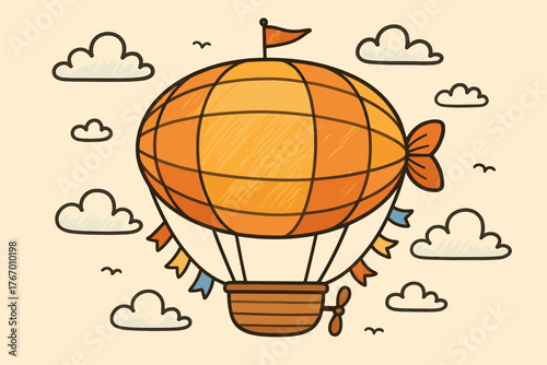 Cartoon Airship Adventure. Cartoon balloon-style airship with tiny doodle flags fluttering along the ropes