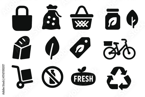 Eco Shopping Icons. Solid style icons of Eco-Friendly Shopping: reusable tote, produce bag, market basket, glass jar, paper wrap,