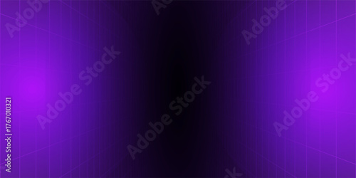 Purple glowing neon wireframe background. Shining checkered vertical grid planes in perspective. Retro futuristic depth wallpaper. Arcade game sci fi matrix surface backdrop for poster, banner. Vector