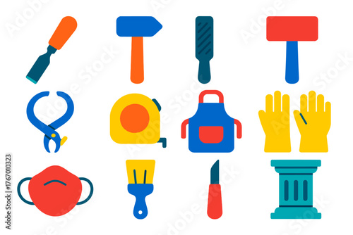 Modern Sculptor's Tools Icons. Flat vector icons of Sculptor’s Tools: chisel, hammer, rasp, mallet, caliper, measuring tape, apron