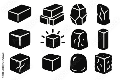 Solid Ice Block Icons. Solid style icons of Ice Blocks: rectangular block, stacked ice blocks, crystal-clear ice, frosted block,