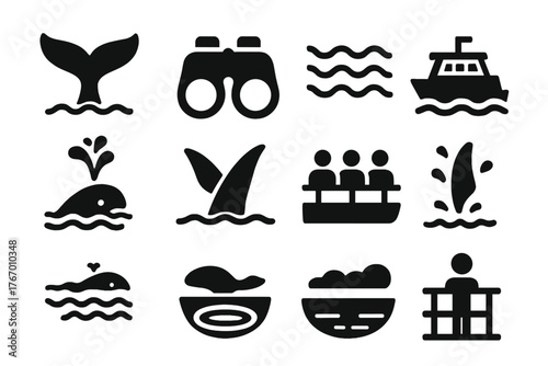 Whale Watching Icons. Solid style icons of Whale Watching: whale tail, binoculars, ocean waves, tour boat, spouting blowhole,