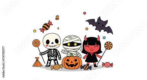 Cute cartoon Halloween characters including a skeleton, mummy, and devil with candy and a bat.