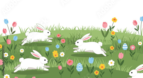 Happy Easter bunnies running through a field of colorful flowers and Easter eggs.