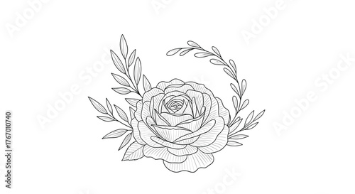 Hand drawn outline illustration of a single rose with leaves forming a partial wreath.