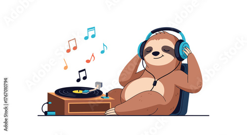 Cute cartoon sloth wearing headphones and listening to music on a record player.
