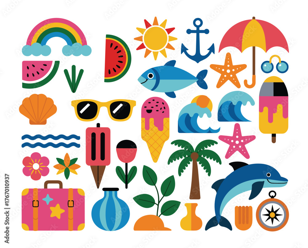 Fototapeta premium Vibrant Assortment of Summer and Beach Themed Flat Design Icons Keywords: summer, beach, vacation, holiday, travel, sun, rainbow, watermelon, slice, ice cream, cone, popsicle, sunglasses, anchor