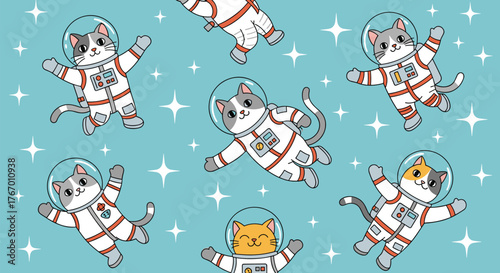 Cute cartoon astronaut cats floating in space amongst sparkling stars.