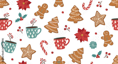 Cozy Christmas pattern featuring gingerbread cookies, mugs of hot cocoa, candy canes, and poinsettias.