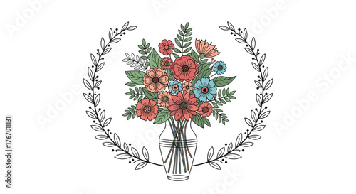 A bouquet of colorful flowers in a glass vase framed by decorative floral branches.