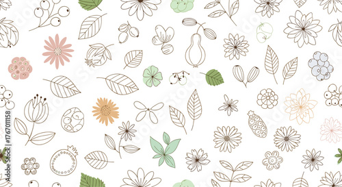 Seamless pattern of hand-drawn floral elements and leaves in a whimsical botanical style.