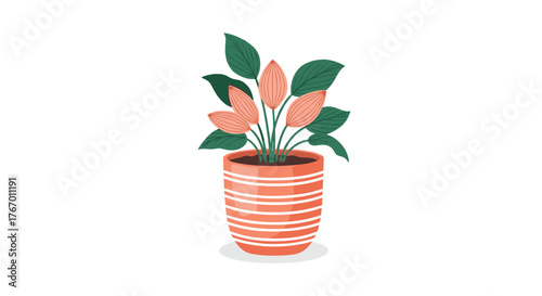 A potted plant with green leaves and pink buds sits in a striped orange pot.