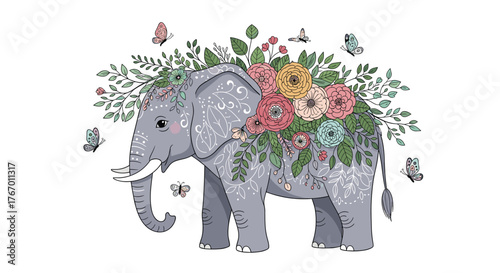 A whimsical illustration of a gray elephant adorned with vibrant flowers and green foliage, with butterflies fluttering around.