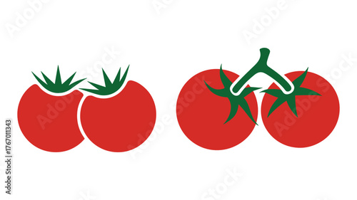 Two Red Tomatoes With Green Stems and Leaves Isolated on White Keywords: tomato, tomatoes, red, fruit, vegetable, food, fresh, healthy, ingredient, cooking, organic, natural, ripe, juicy, round