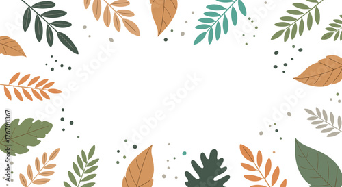 Autumn leaf border with scattered dots and small accents on a white background.