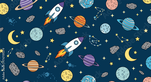 Whimsical space pattern with rockets, planets, moons, stars, and constellations on a dark blue background.