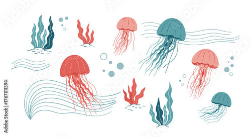 A whimsical underwater scene with vibrant jellyfish and aquatic plants in shades of blue and red.