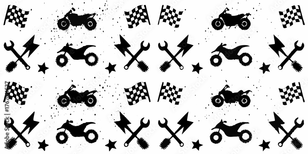 Naklejka premium Collection of black silhouette motocross dirt bikes checkered flags wrenches and stars on white background